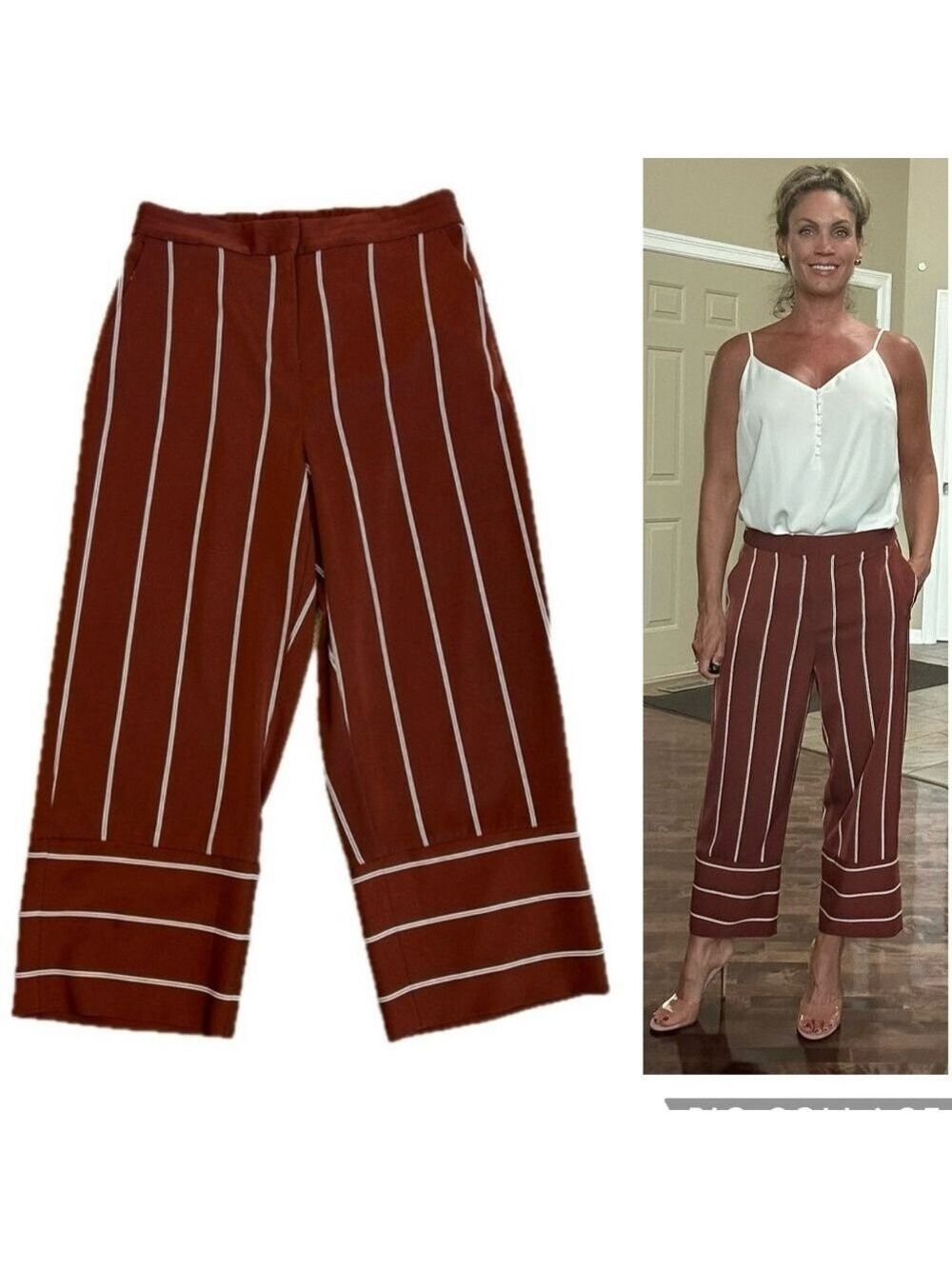 Dynamite rust Brown white striped wide leg culottes trouser pants Sz M cropped